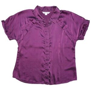 Vintage Pendleton Petite Silk Button Down Blouse Eggplant Short Raglan Sleeves